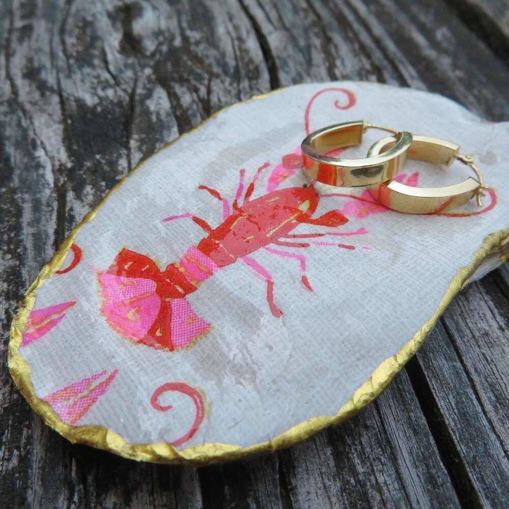 Lobster Oyster Shell Decoupage Flat Trinket Tray Handmade